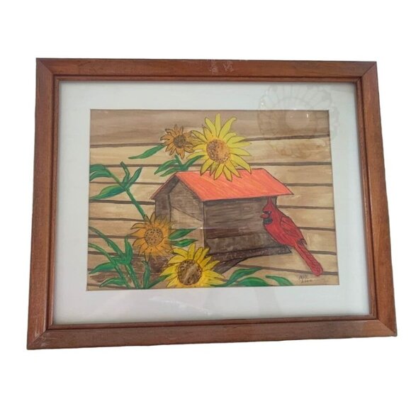 Watercolor Sunflower with Cardinal Framed Wall Art by Anna Ruth Enders 12” x 15” - Picture 1 of 3